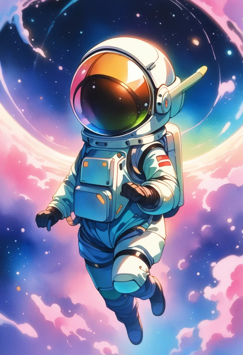 ((Masterpiece)), ((Best Quality)), (Very Detailed), ((Very Detailed)), 4K, (8K), very aesthetic, absurdres highres, Cat clad in a miniature space suit floating amidst the cosmic backdrop of a nebula, whiskers gently splayed by zero gravity, eyes wide with cosmic wonder, starfield reflecting in the helmet visor, pastel-colored galaxies swirling in the background, watercolor style, ultra realistic, high-quality digital painting.