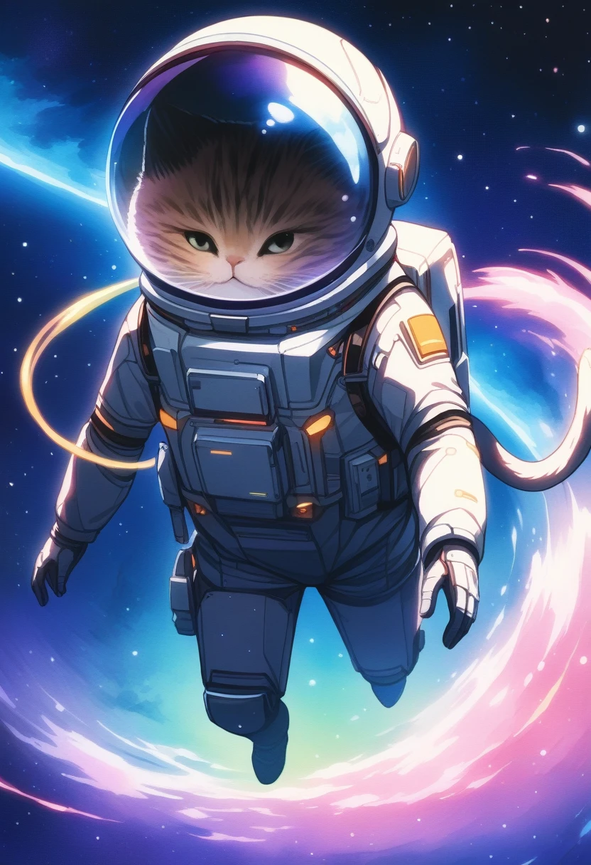 ((Masterpiece)), ((Best Quality)), (Very Detailed), ((Very Detailed)), 4K, (8K), very aesthetic, absurdres highres, Cat clad in a miniature space suit floating amidst the cosmic backdrop of a nebula, whiskers gently splayed by zero gravity, eyes wide with cosmic wonder, starfield reflecting in the helmet visor, pastel-colored galaxies swirling in the background, watercolor style, ultra realistic, high-quality digital painting.