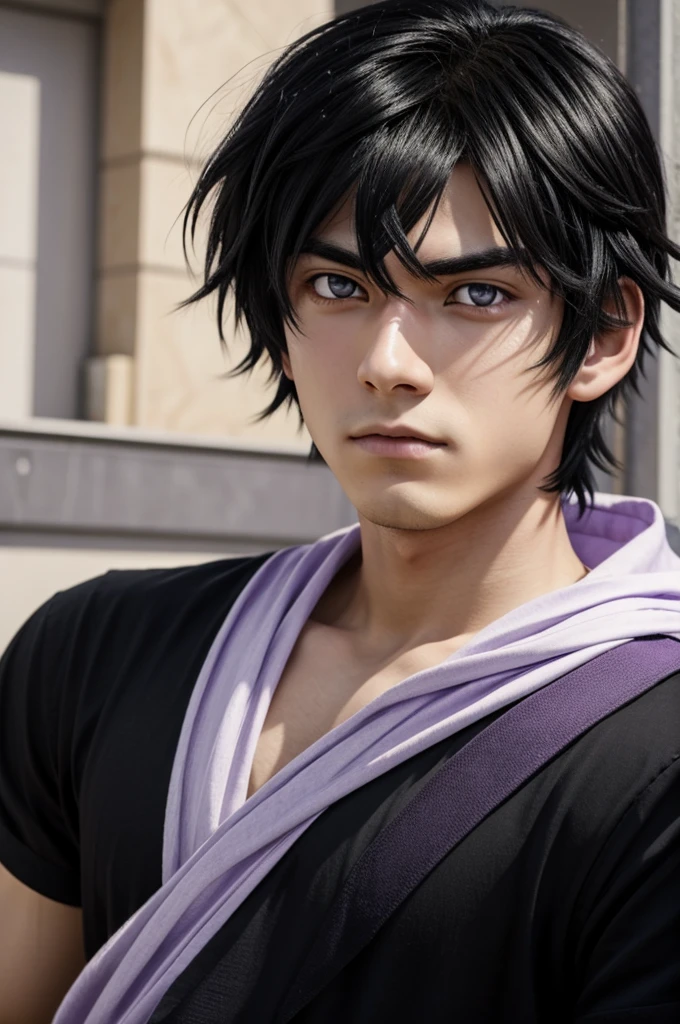 A 19 year old boy, black hair with white tips, lilac eyes, a scar on the left hand and another near the eye from the anime kny studios ufotable