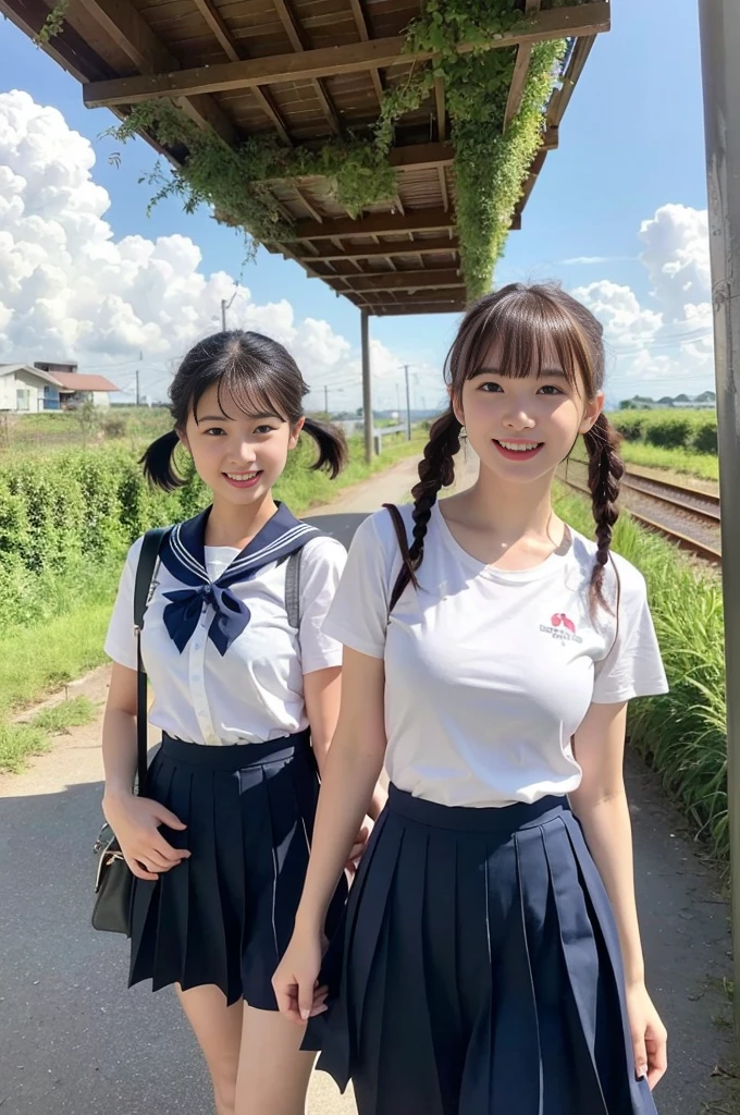 2 girls walking in rural station,long train on far side,cumulonimbus cloud in summer sky,short-sleeved white sailor shirt,navy blue pleated skirt,18-year-old,bangs,a little smile,thighs,knees,short hair with low pigtails bunches,from beside,front light