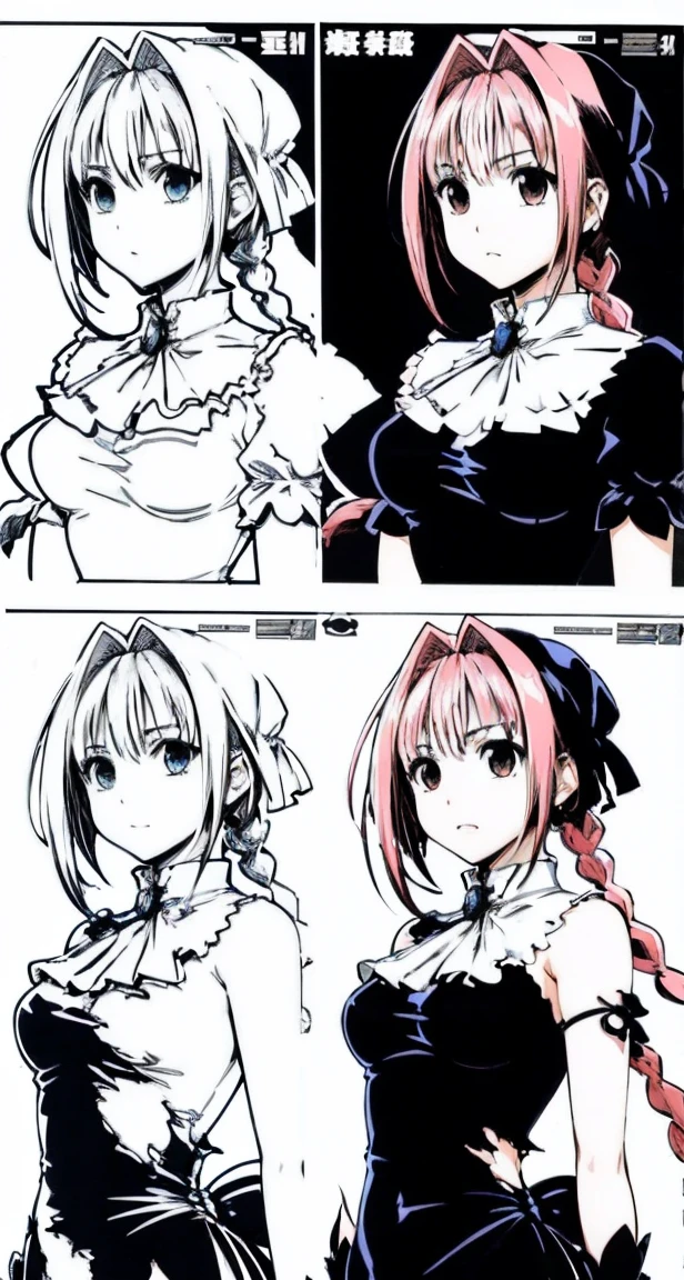 masterpiece, Highest quality,High resolution,Dorothy, Pink Hair、Bright Blue Eyes、Big black eyes、Braiding, Black Dress、Cowboy Shot、Line art、Pencil drawing、comics、alone、One、Torn clothes、