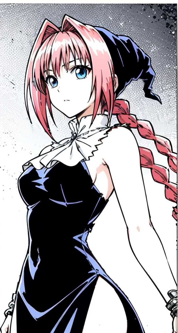 masterpiece, Highest quality,High resolution,Dorothy, Pink Hair、Bright Blue Eyes、Big black eyes、Braiding, Black Dress、Cowboy Shot、Line art、Pencil drawing、comics、alone、One、Torn clothes、