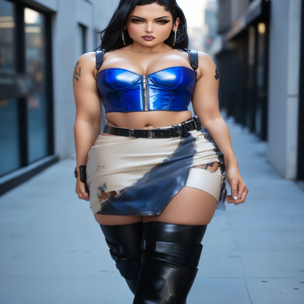 araffe wearing a blue corset and a skirt and boots, fallout style, cyberpunk style outfit, glamorous jill valentine, dystopian scifi outfit, cyberpunk outfit, costume with blue accents, as a retro futuristic heroine, wearing honey - themed miniskirt, wearing a sexy cropped top, cyberpunk 27 y. o model girl, cyborg fashion model, pharah from overwatch. A beautiful mixed race model walkong confidently towards the camera. In an urban shopping mall. Wearing a blue leather cropped corset. an asymmetric cowhide miniskirt, in cream with a blue stripe. Bare midriff. slim, busty