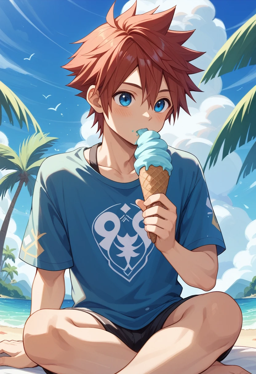 Kingdom hearts、((sky))、One young boy、cute、Spiky hair、Active、Tropical、beach、（sitting and eating a blue ice cream）high resolution