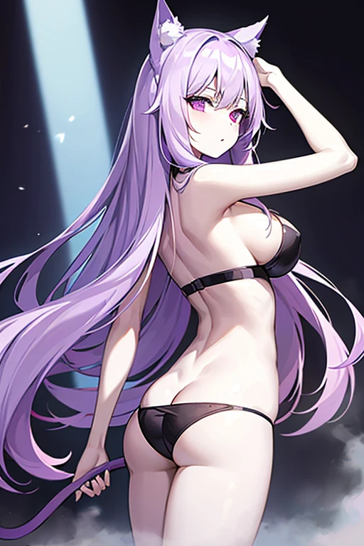 best quality, 1girl adult, pale skin, lavender hair, long hair, straight hair, purple eyes, big breasts, purple bikini, black cat ears and tail
