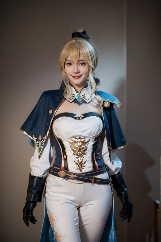 best quality, masterpiece, photorealistic, 1girl, solo, standing, cowboy shot, looking at viewer, arms at side, smile, closed mouth, jean cosplay costume, cosplay, ponytail, blonde hair, bangs, capelet, corset, sleeves, gloves, belt, pants, tight pants, simple background, 