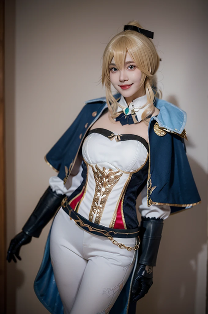 best quality, masterpiece, photorealistic, 1girl, solo, standing, cowboy shot, looking at viewer, arms at side, smile, closed mouth, jean cosplay costume, cosplay, ponytail, blonde hair, bangs, capelet, corset, sleeves, gloves, belt, pants, tight pants, simple background,