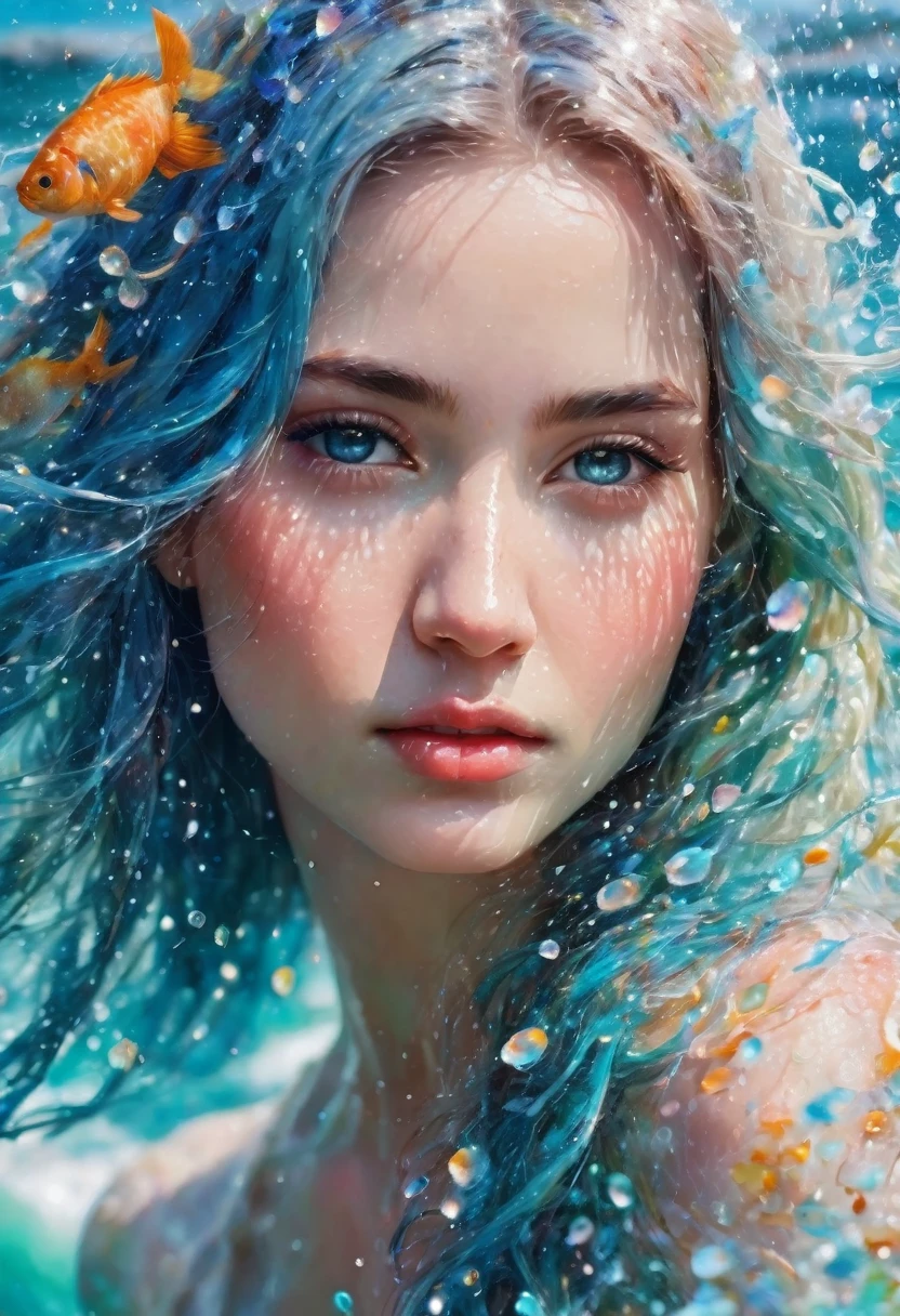ultra highly detailed, action painting, spring, falling  petals  ,32k,  , watercolor, close up fantasy well-dressed ethereal  spirit  , innocent looking young  woman, luminous skin, skin scales, blue hair, , unusual appearance, delicate face   the sea, waves,    freckles , glittering, turquoise glowing eyes, , water drops, highly detailed, intricated, intricated pose, thick strokes, liquid, melting,  , masterpiece, high quality, no fish