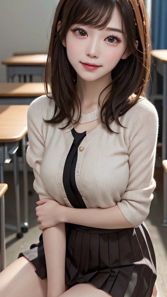 ultra Realistic 8k cg, picture-perfectionな顔, perfection, clean, masterpiece, Professional artwork, Famous works of art, perfectionな顔, Beautiful Face, beautiful eye, ((perfectionな女性の体)), 17 years old, alone,(Immersive atmosphere, Chiaroscuro:1.5,Bright light:1.2,Bright lighting), Brown Hair, perfectionな5本の指
,,(blush:0.5),Seductive look,Very detailed_eye,Thick thighs,Large Breasts, A little bit of underwear is visible, Seduction Beautifully detailed backgrounds, Realistic:1.3, Long Shot,One girl, School Shirt,Pleated skirt, , Sitting, whole body, School classroom
(Zhou Haoguang:1.3),(Structure of the film:1.3),(Neon Light:0.1),(High resolution:0.1),Accent lighting, White knee socks,