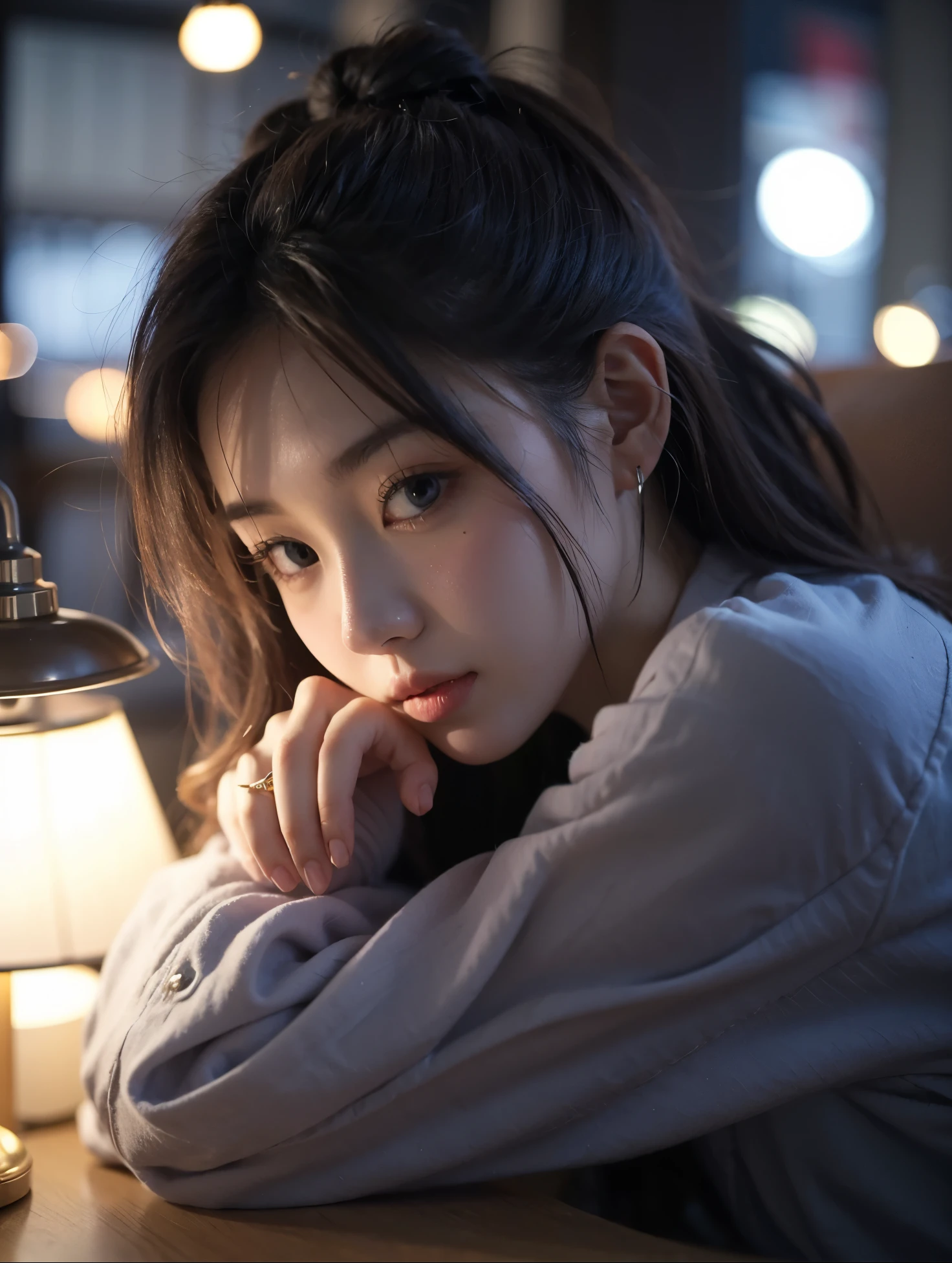 Beautiful Japanese waifu, brunette hair, rest on a small desk with a lamp