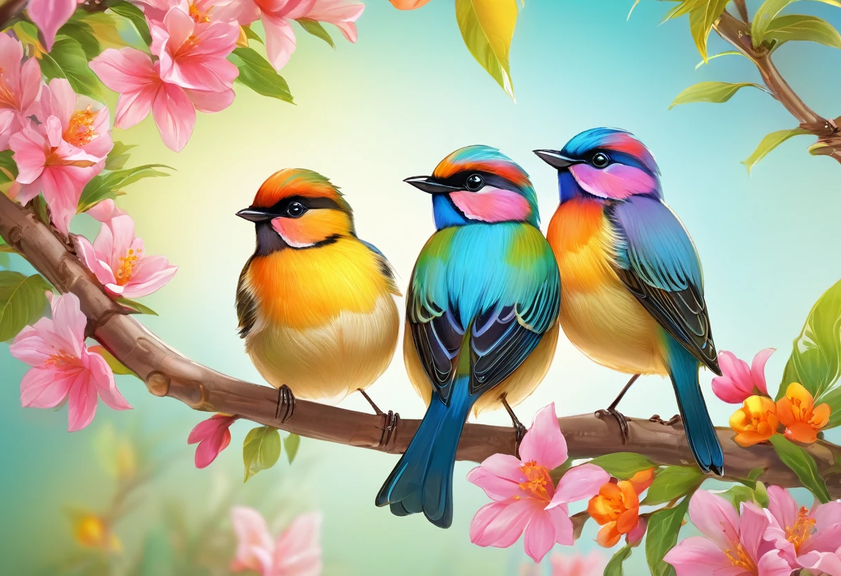 Two little birds are sitting on a tree branch, Photo by Hans Schwartz, Shutterstock, Romanticism, Colorful little birds, Little bird on colorful flower tree, Beautiful Nature, Colorful HD images, very beautiful photo, Very beautiful, Tropical birds, beautiful photo, High-resolution wallpapers, Lovely couple, very cute, Bring your body together,Get close,Fits perfectly,Stick your forehead together,Cheek to cheek,Beautiful digital art, Beautiful Wallpapers