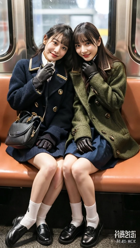 A photo of two grown-up girls with flashy hair wearing cute pea coats, leather shoes, and shiny, thin, short black leather gloves.,Inside the train,Voyeur,Heavy makeup face,Ultra-detailed face, open eyes,((Legs crossed)).Smelly socks, Ultra Mini Skirt,She looks at the photographer with an inviting expression.,School Bags,This photo was taken in daylight with soft lighting..、The girls are sitting on train seats.。. This photo was taken by someone on their cell phone..、Apparently it was posted on Snapchat.。. 