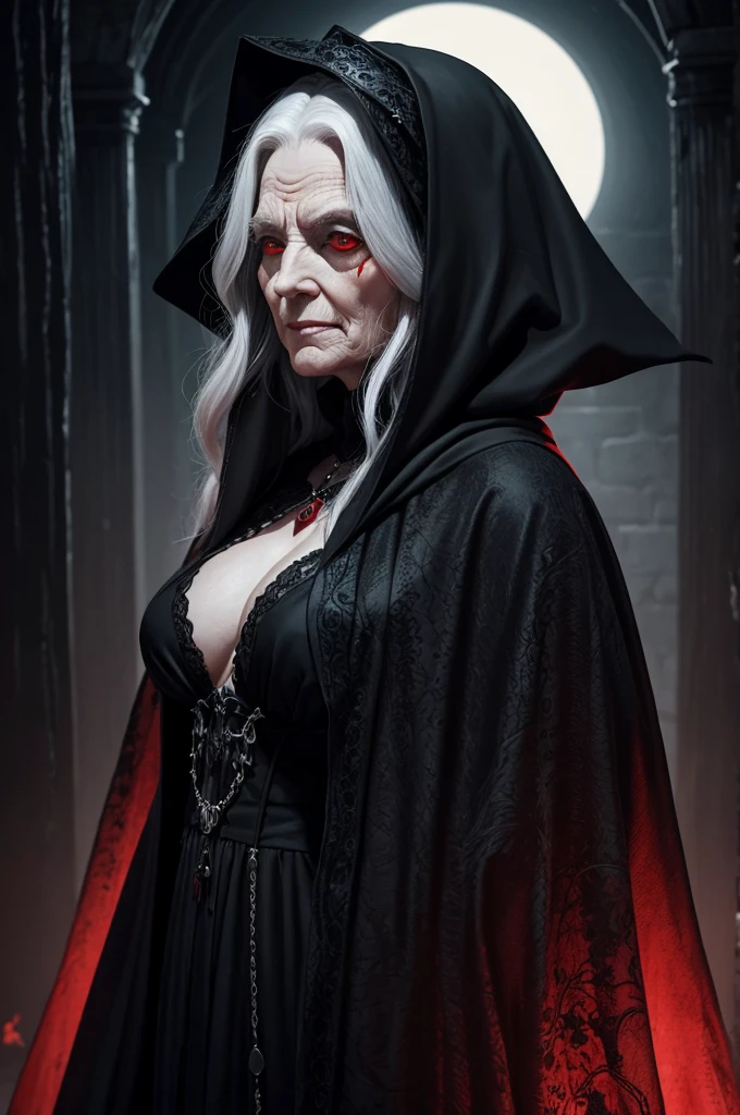 scary old crone, red eyes, smirking, black dress, black shawl
