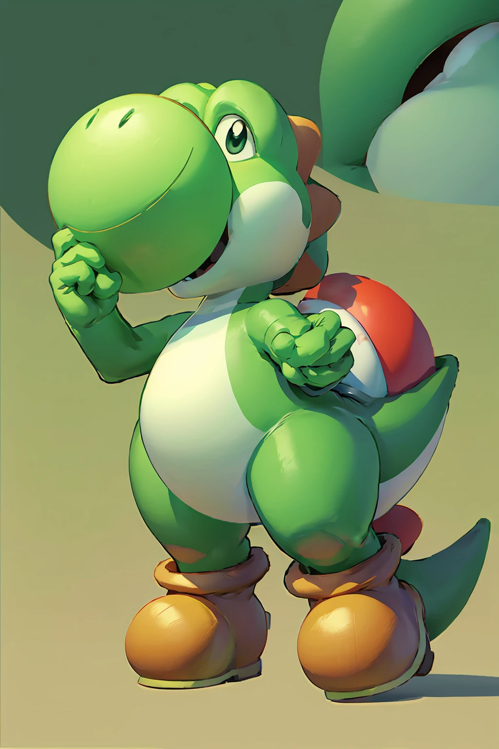 Green dinosaur, with boots, big nose, big eyes, long tail, character from Mario Bros, Nintendo, stands happy, looking at the viewer,
