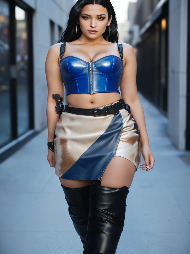 A beautiful mixed race model walkong confidently towards the camera. In an urban shopping mall. Wearing a blue leather cropped corset. an asymmetric cowhide miniskirt, in cream with a blue stripe. Bare midriff. Blue Nike Air Force Ones.