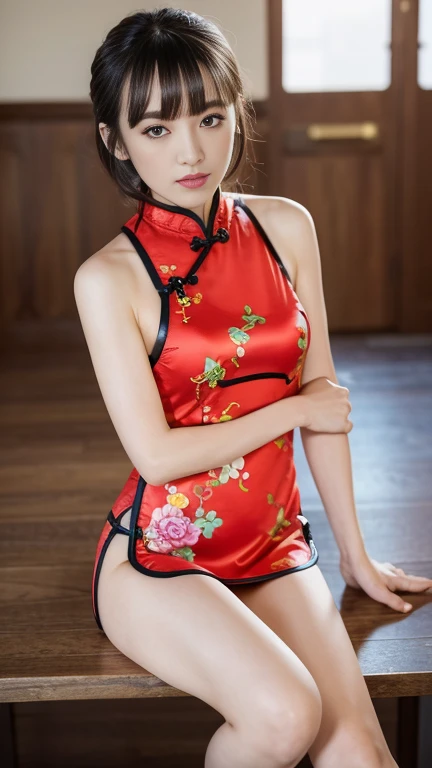 (top-quality、超A high resolution、​masterpiece:1.3), Midhair with bangs, Detailed moisturized eyes, Textured skin, Best Quality, in 8K, blurry backround, (Colossal , long legged, Legs exposed through slits), Natural Color Lip, ssmile, Woman with perfect style, You're in a high-traffic area, (Girl in cheongsam with colorful pattern:1.2), Facing the front, Looking at the camera