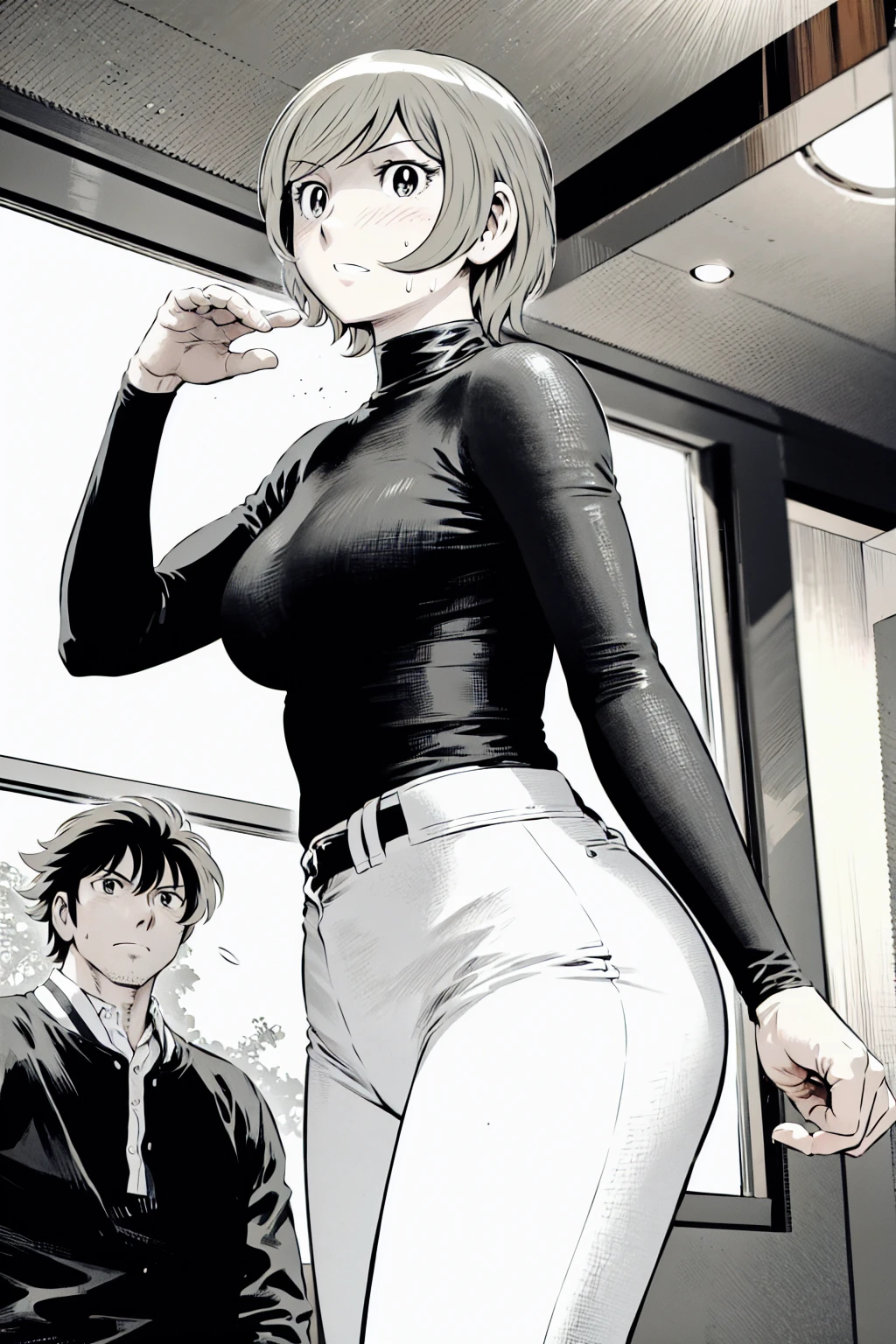 、(masterpiece、Highest quality)、Highest quality, Ultra-high resolution, (((masterpiece))), alone, Sweat、Big eyes,Tight black shirt、Tight white pants、belt、indoor、Composition from the front、(Cut the back hair short、short hair、blonde、woman)、Shortcuts、Embarrassed face、Cut your hair short、可愛いwomanの子、Big Breasts、office