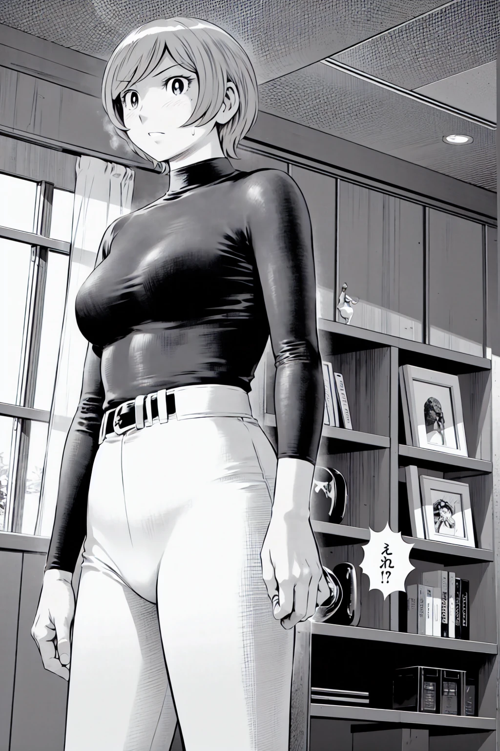 、(masterpiece、Highest quality)、Highest quality, Ultra-high resolution, (((masterpiece))), alone, Sweat、Big eyes,Tight black shirt、Tight white pants、belt、indoor、Composition from the front、(Cut the back hair short、short hair、blonde、woman)、Shortcuts、Embarrassed face、Cut your hair short、可愛いwomanの子、Big Breasts、office