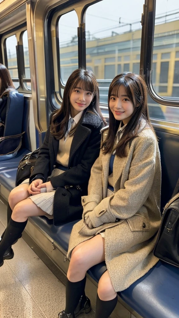 A photo of two mature, flashy-haired Japanese high school girls wearing duffle coats with leather shoes and short, shiny, thin, genuine leather gloves.,shiny hair,masterpiece,Inside the train,Voyeur,Heavy makeup face,Ultra-detailed face, open eyes,((Legs crossed)).Smelly socks, Ultra Mini Skirt,She looks at the photographer with an inviting expression.,School Bags,This photo was taken in daylight with soft lighting..、The girls are sitting on train seats.。. This photo was taken by someone on their cell phone..、Apparently it was posted on Snapchat.。.
