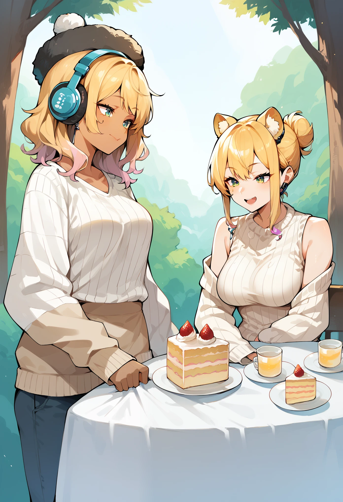 adult curvy women, cake, gyaru, fur hat, tree, detached sleeves, white sweater, hair bun, medium hair, striped shirt, headphones, multiple girls, leopard print, hair behind ear