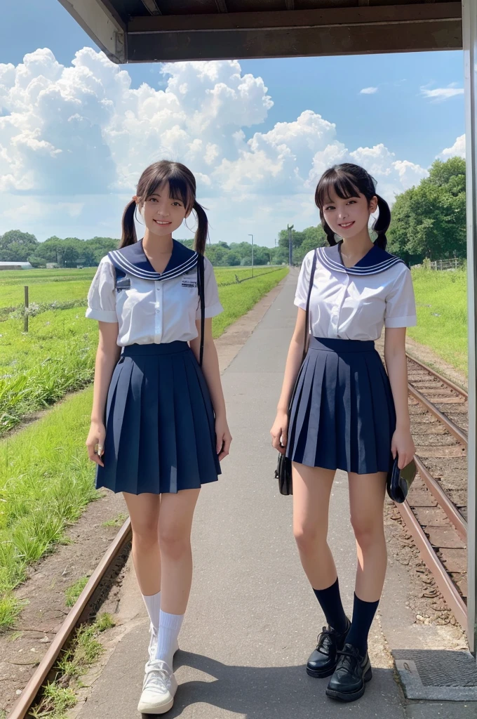 2 girls in rural station,long train on far side,cumulonimbus cloud in summer sky,short-sleeved white shirt with sailor collar,navy blue pleated skirt,18-year-old,bangs,a little smile,thighs,knees,short hair with low pigtails bunches,from beside,front light