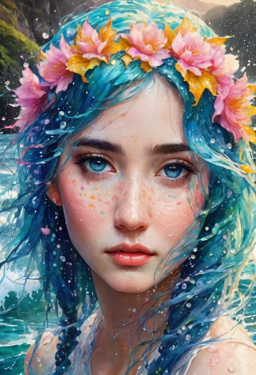 ultra highly detailed, action painting, spring, falling  petals  ,32k,  , watercolor, close up fantasy well-dressed ethereal  spirit  , innocent looking young teen, luminous skin, skin scales, blue hair, , unusual appearance, delicate face   the sea, waves,    freckles , glittering, turquoise glowing eyes, , water drops, highly detailed, intricated, intricated pose, thick strokes, liquid, melting,  , masterpiece, high quality, no fish, happy, excited, youthful 