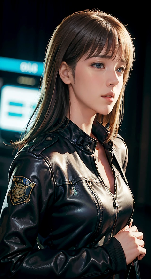 Portrait of a beautiful female model natlp, Georgia Fowler, Beautiful Face, Short dark brown hair, Cyberpunk city at night. She is wearing a leather jacket, Black jeans, Dramatic lighting, (Police Badge:1.2)