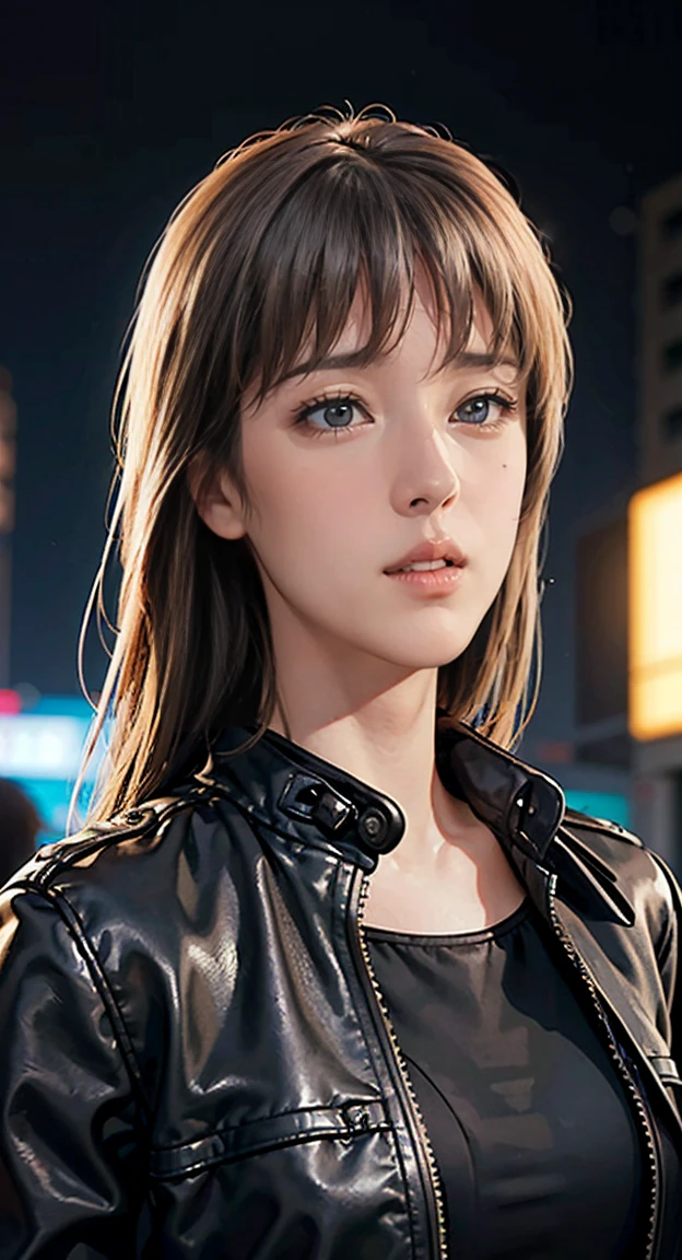 Portrait of a beautiful female model natlp, Georgia Fowler, Beautiful Face, Short dark brown hair, Cyberpunk city at night. She is wearing a leather jacket, Black jeans, Dramatic lighting, (Police Badge:1.2)