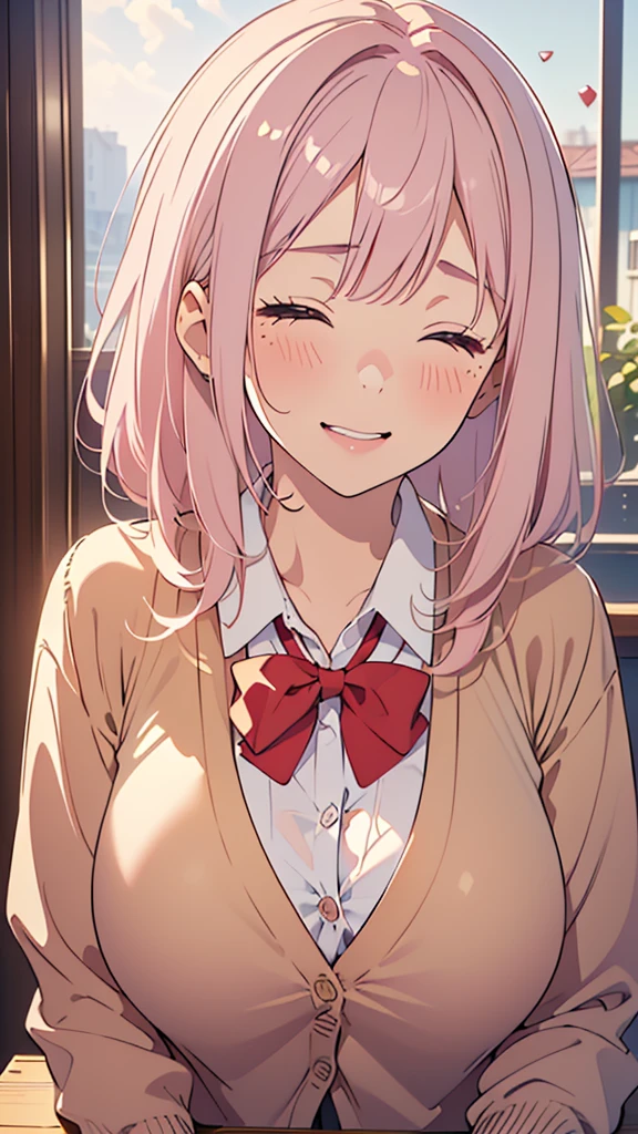8k,(High quality:1.4),(best quality:1.4),(masterpiece:1.4),(huge breasts:1.3),(beautiful face:1.3),(beautiful woman:1.3),(pale pink hair:1.2),medium hair,a mole around the mouth,(enjoy:1.6),(closed eyes:1),(burst into laughter:1.4), (squinting:1.2)(school uniform:1.1),(beige cardigan:1.2),(close-up:1.2),(a red bow tie:1.1),(leaning forward:1.2)