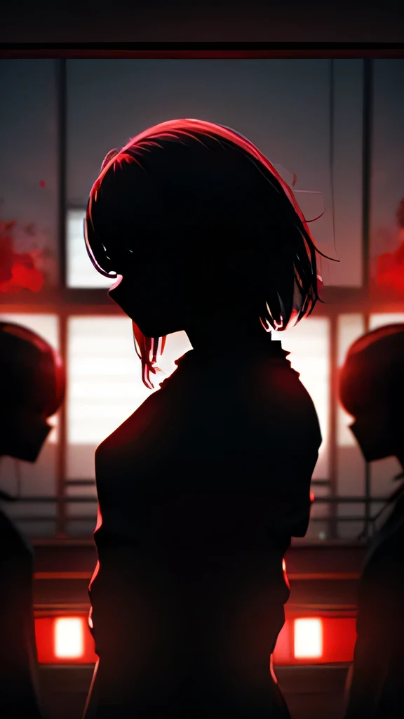 a woman with red eyes stands in front of a window, beautiful eyes are visible on a large monitor screen in the background, A girl in the center, a silhouette of a girl in the center, red lighting, glowing red eyes, a dim room, lighting from screens, monitor panels that depict girls, eyes are visible on monitor panels.