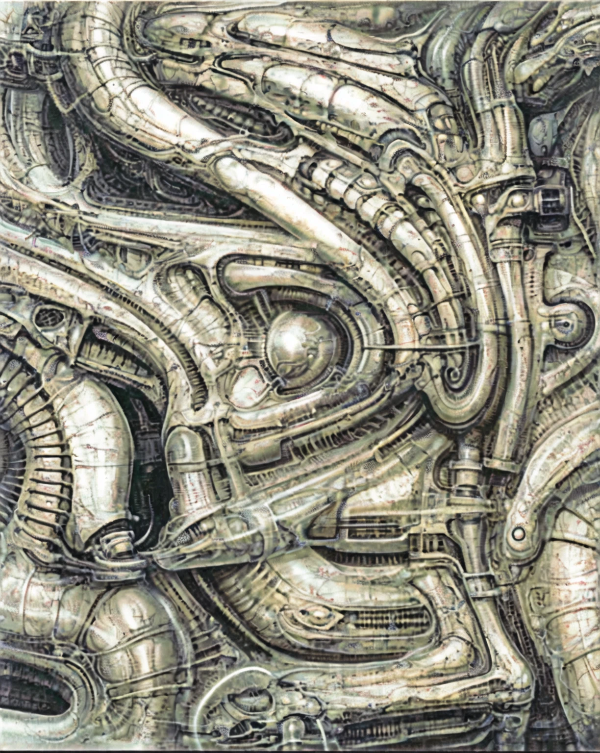 g1g3r, The image is a detailed view of H.R. Giger's \" Biomechanical Landscape No 312 \" plate, featuring a complex network of bones and organs in a purple-brown hue ,swirling gray and brown colors. The artwork is silver and purplish brown, with an ivory bones prominently displayed. The image is highly detailed and intricate, almost like a 3d version of a medical diagram (detailed view of an anatomy model, possibly of a human body, with transparent organs and bones exposed). The piece has a thick mechano-organic texture and is covered in fine details. The image has a swirling, organic quality to it. The artistic manner would be unmistakably Gigeresque. A dark and unsettling beauty would permeate the piece, blurring the lines between fascination and repulsion , forever haunted by the grotesque allure. Giger's signature artistic manner would be evident in every stroke. The airbrush would be wielded with masterful precision to create a hyperrealistic yet nightmarish aesthetic.
The texture of ivory with signs of burning and fossilization can be seen in the mix of smooth and rough brushstrokes. By Peter mohrbacher, ooze soaked pajama top