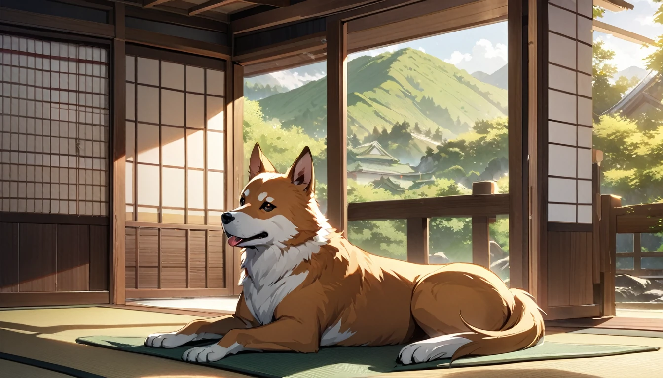 Solo, no humans, animals, dog hitting the fan, animal-centered, masterpiece, highest quality, cute, detailed description, natural scenery, relaxing,Japanese style room