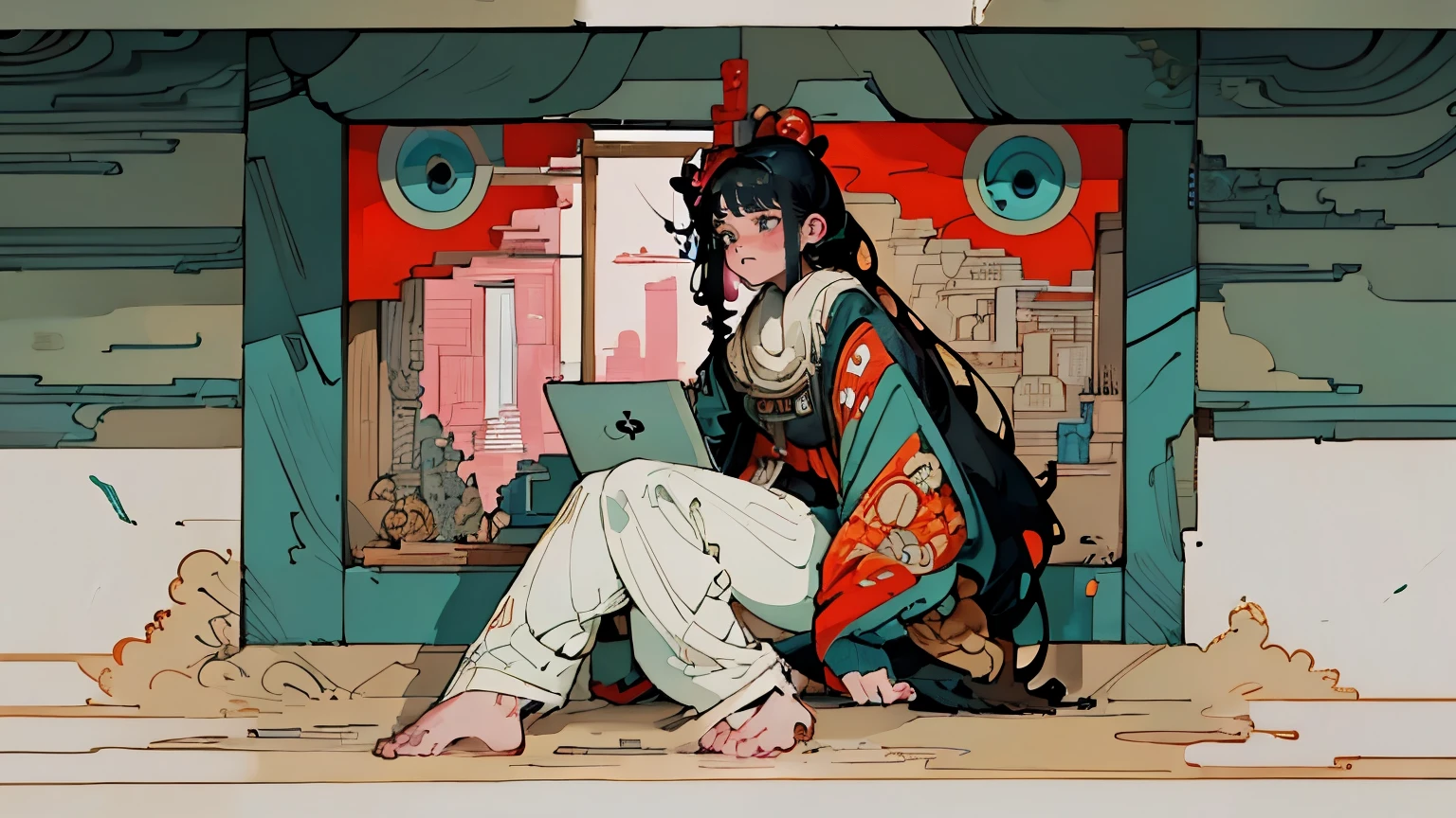 best quality, 4K wallpaper, masterpiece, extremely detailed CG unity 8k wallpaper, extremely detailed eyes, ultra-detailed, intricate details, 1girl, 21 year old, mexican brunette indigenous,long black hair, Girl playing games,gaming computer,cute ,(((6 and a half heads full body))) frontal view, Aqua eyes, Jacket, white pants, ((writing in a laptop hurriedly)), next to a window, character art style,,japanese style,large window,girl wearing headphones,sunset,painted with a rough hand-drawn aesthetic,ukiyoe style,fantasy,Edo Period,splash of color,movie perspective,advertising style