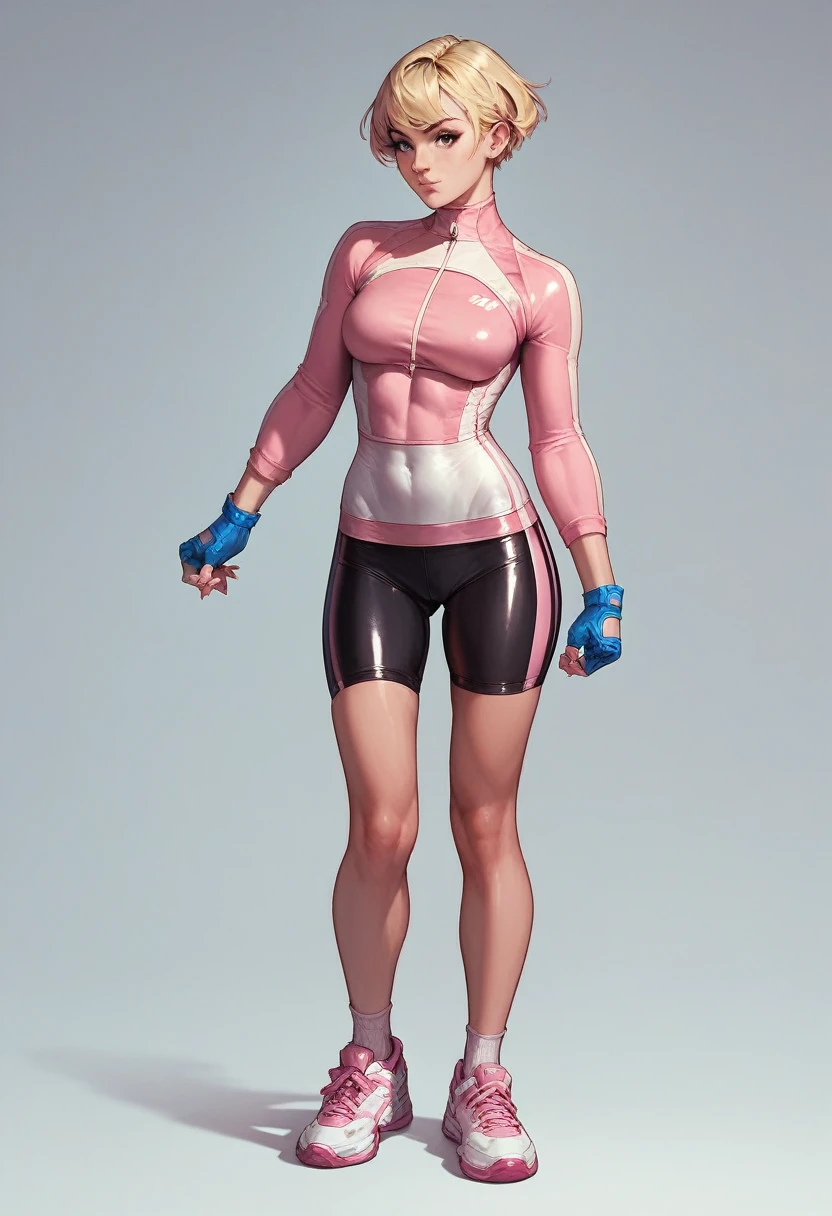 1girl, pink bike jersey, pink bike shorts, ((tight jersey)), ((tight long sleeves)), blonde hair, fingerless blue gloves, ((tight gloves)), full body, gloves, short hair, shoes, socks, standing, solo