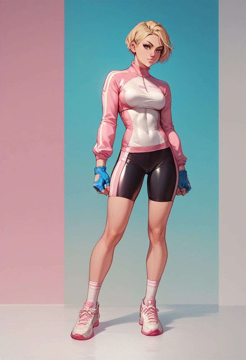 1girl, pink bike jersey, pink bike shorts, ((tight jersey)), ((tight long sleeves)), blonde hair, fingerless blue gloves, ((tight gloves)), full body, gloves, short hair, shoes, socks, standing, solo
