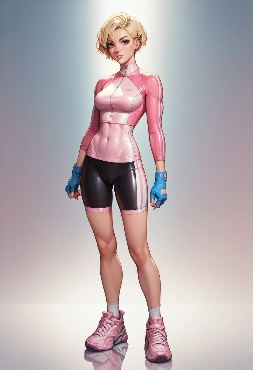 1girl, pink bike jersey, pink bike shorts, ((tight jersey)), ((tight long sleeves)), blonde hair, fingerless blue gloves, ((tight gloves)), full body, gloves, short hair, shoes, socks, standing, solo