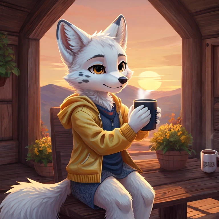 Arctic fox with dark spots on its body holding a mug of coffee, digitl art, clarity with the sunrise, eyes almost closing, yellow jacket, sitting down, normal hands