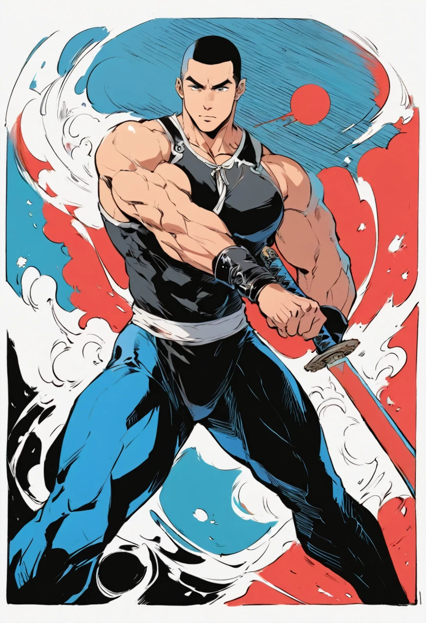 Chinese swordsman,Male swordsman,muscular,Short curly hair,Buzz Cut,Explosive muscles,Spandex tights,Handsome,perfect pupils,Simple lines,Abstract Art,Holding a red long sword,