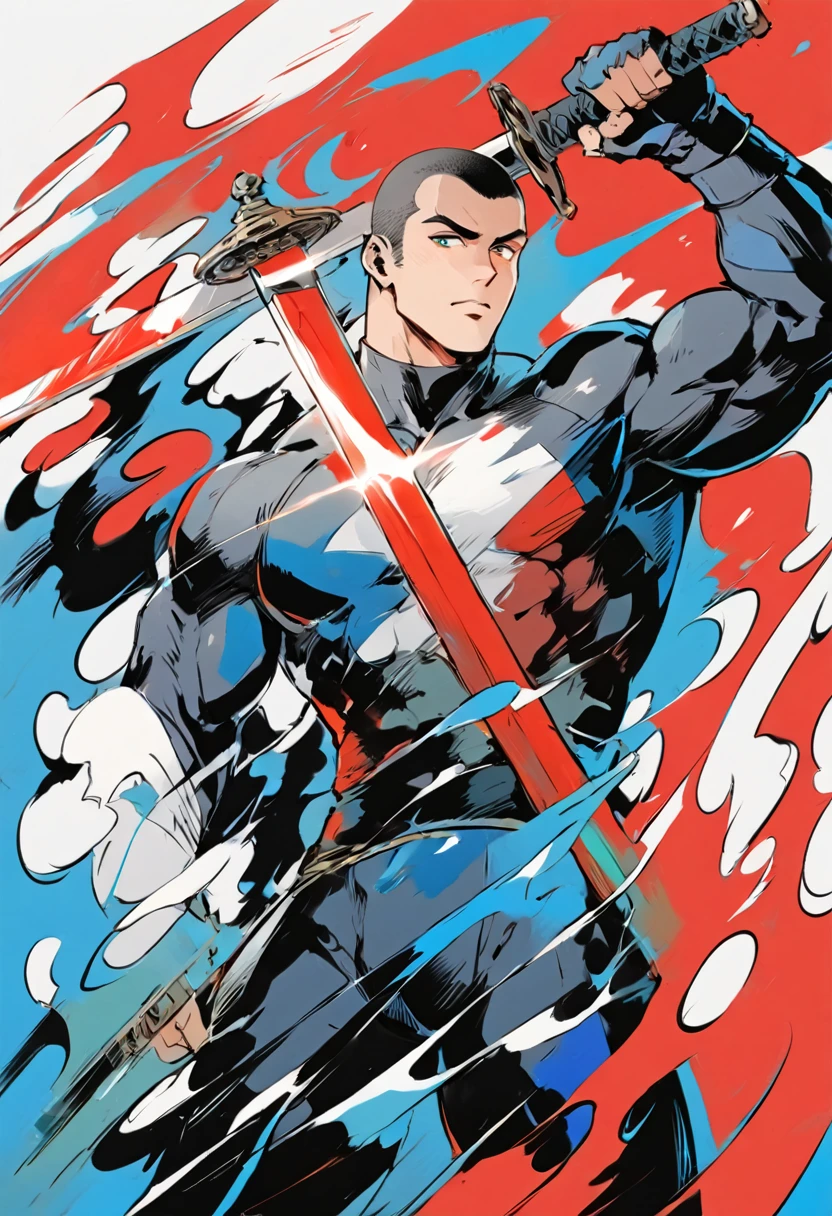 Chinese swordsman,Male swordsman,muscular,Short curly hair,Buzz Cut,Explosive muscles,Spandex tights,Handsome,perfect pupils,Simple lines,Abstract Art,Holding a red long sword,