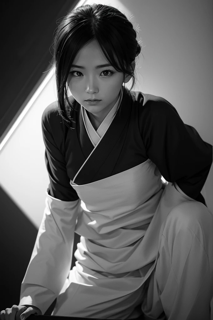 Do Giyu Tomioka in black and white with an orange glow in the eyes