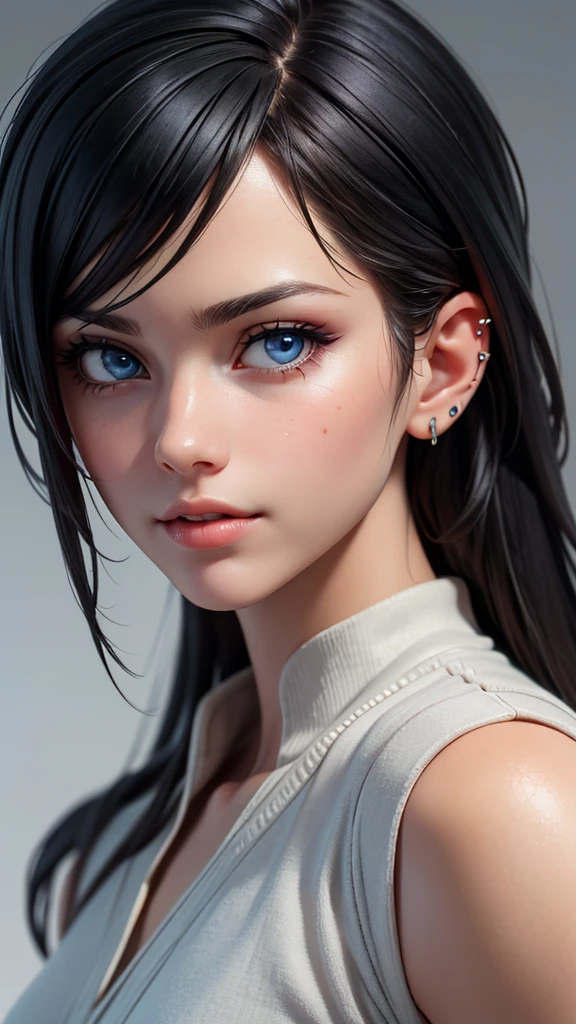 A 30-year-old male with striking black hair and piercing blue eyes, stands confidently in a grey tunic. He exudes a strong, authoritative presence, with sharp, defined facial features including a chiseled jawline and high cheekbones. His face is detailed with beautiful eyes, detailed lips, and glowing skin, making him appear extremely photorealistic and high quality. Extremely detailed, 8K, high resolution, photorealistic, high quality, realistic, detailed facial features, beautiful detailed eyes, beautiful detailed lips, extremely detailed face, glowing skin.