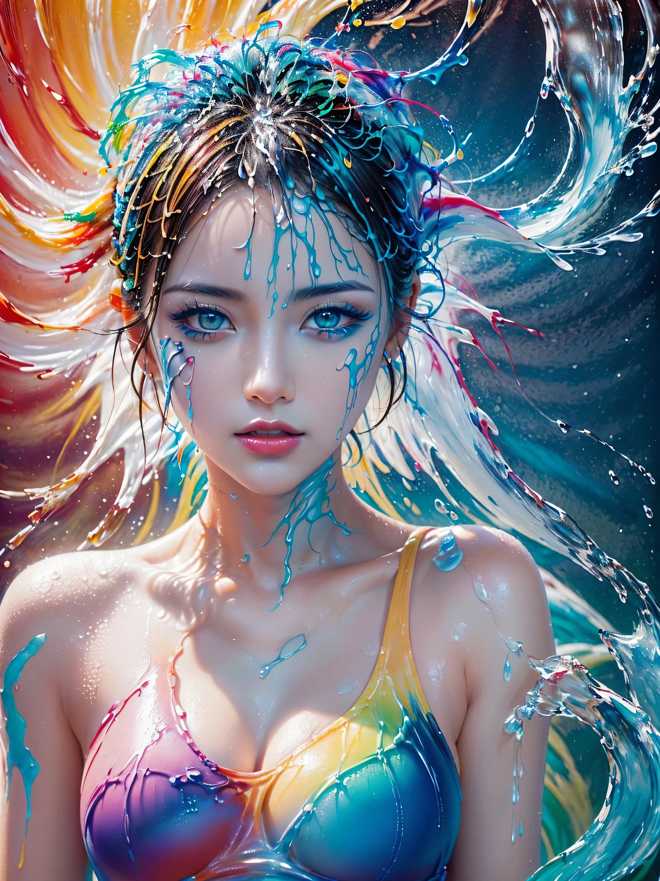 (absurd quality,high-res,masterpiece),(realism,photorealistic), ((the art of painting the body with many colors, luminous paints)), ((screen with splashing fluid flowing down, fluid paints:1.3), extremely detailed:1.2), ((in a bright and colorful paint pool:1.22)),