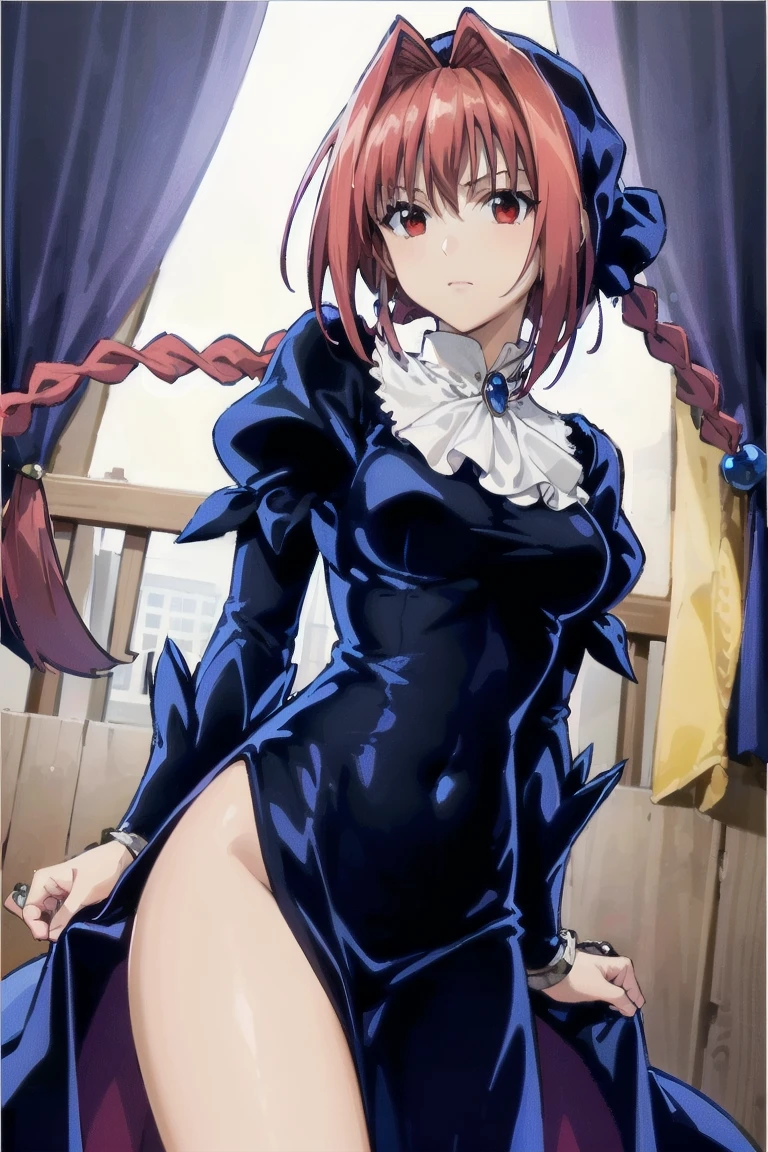 masterpiece, Highest quality,High resolution,Dorothy, Redhead,Red eyes, Have,dress,Braiding, black dress, View your viewers,