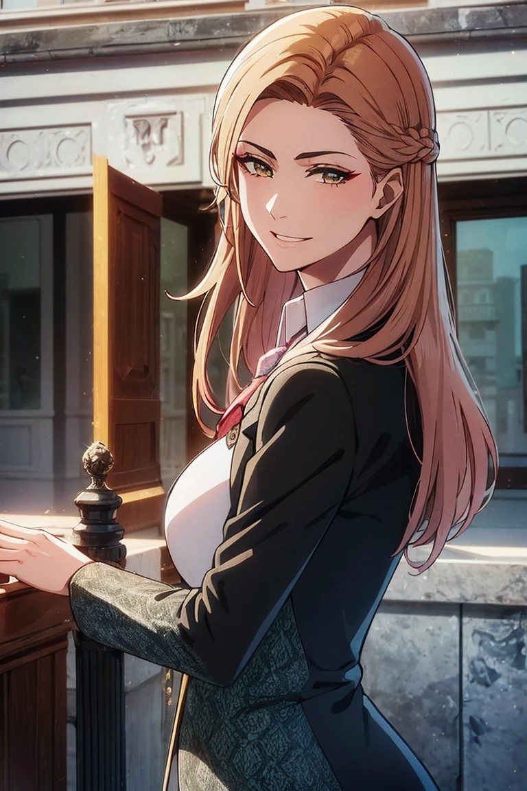 A high resolution, ultra detailed, HDR, masterpiece, very detailed face and eyes, confident expression with a grin, young woman, business trousers, and blouse, 18 years, Squint, creative hairstyle, average hair length, beautiful makeup with arrows, blue-yellow eyes, rose gold hair highlights