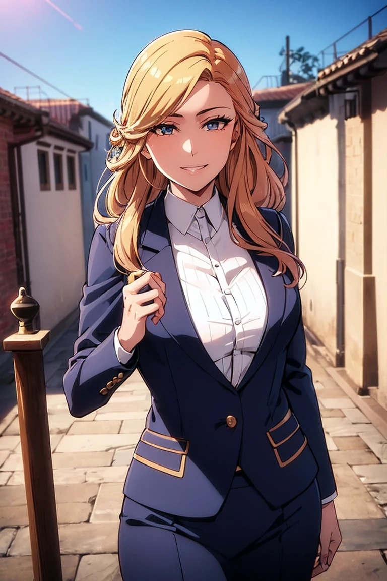 A high resolution, ultra detailed, HDR, masterpiece, very detailed face and eyes, confident expression with a grin, young woman, business trousers, and blouse, 18 years, Squint, creative hairstyle, average hair length, beautiful makeup with arrows, blue-yellow eyes, rose gold hair highlights