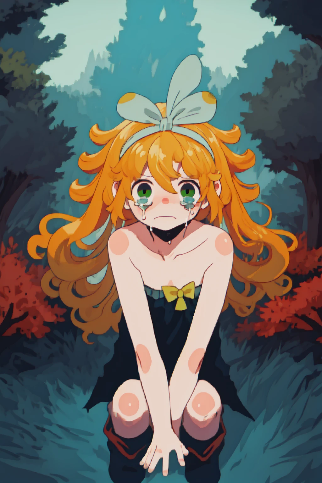verina, (wutherinf waves game), 1girl, solo, blond hair, blue bow, hair bow, hair between eyes, green eyes, naked, nude, terrified, scared, horrified, flat chest, tiny breasts, exposed pussy, squatting, face shadow, holding head with both hands, peeing, yellow fluids from pussy, crying, panic expression, (darkness:1.2), night, (ghost:1.1), fog, outdoors, forest, pine tree, spooky, horror \(theme\), masterpiece, best quality, smooth details