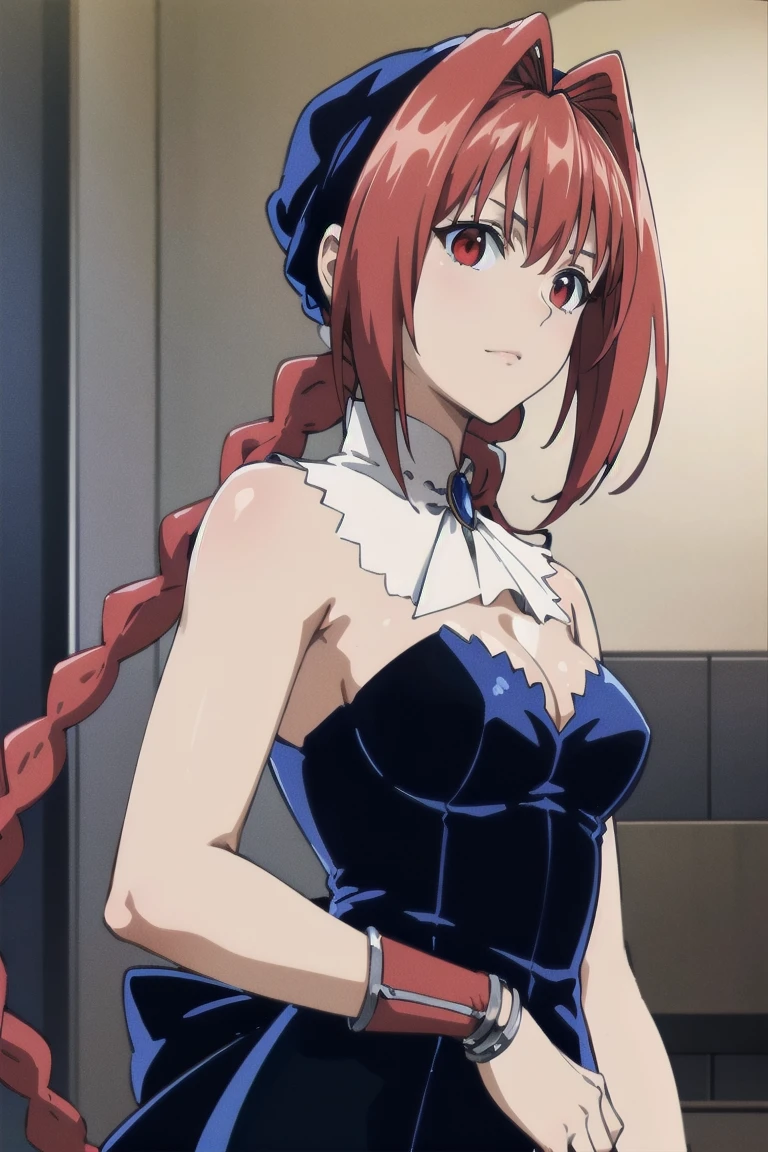 masterpiece, Highest quality,High resolution,Dorothy, Redhead,Red eyes, Have,dress,Braiding, black dress, View your viewers,