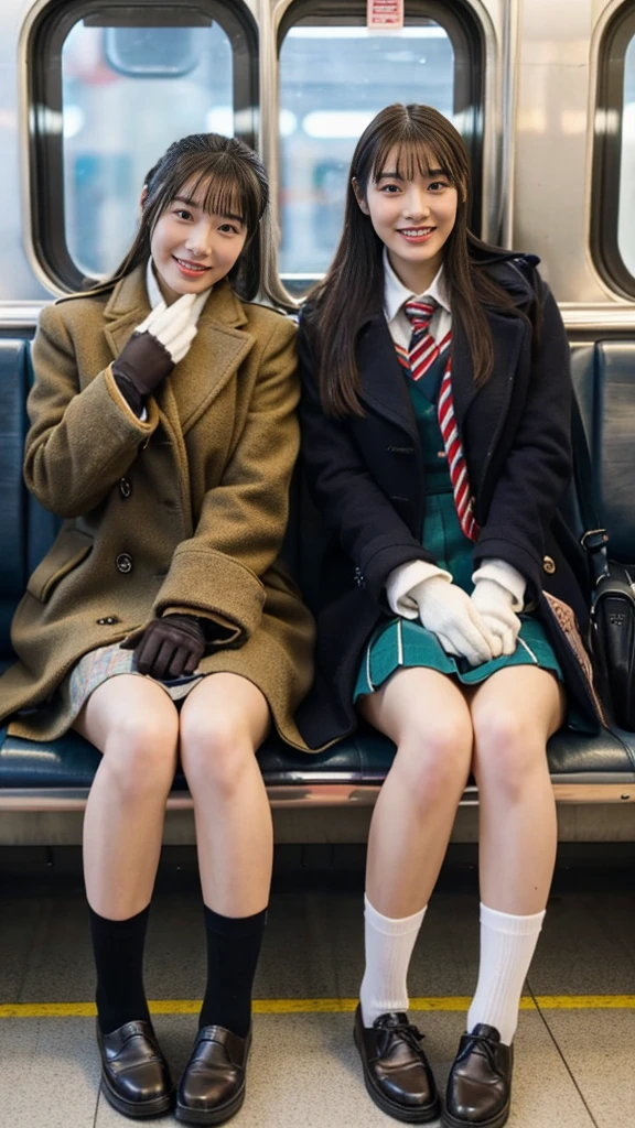 A photo of two mature gal high school girls with flashy hair wearing cute pea coats with leather shoes and shiny, thin, short black leather gloves.,Inside the train,Voyeur,Heavy makeup face,Ultra-detailed face, open eyes,((Legs crossed)).Smelly socks, Ultra Mini Skirt,She looks at the photographer with an inviting expression.,School Bags,This photo was taken in daylight with soft lighting..、The girls are sitting on train seats.。. This photo was taken by someone on their cell phone..、Apparently it was posted on Snapchat.。. 