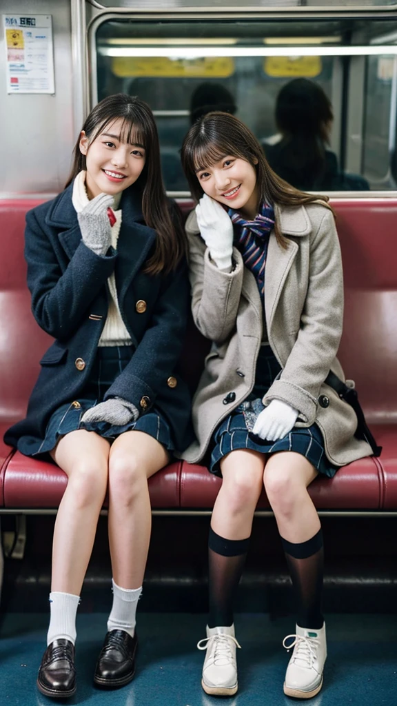 A photo of two mature gal high school girls with flashy hair wearing cute pea coats with leather shoes and shiny, thin, short black leather gloves.,Inside the train,Voyeur,Heavy makeup face,Ultra-detailed face, open eyes,((Legs crossed)).Smelly socks, Ultra Mini Skirt,She looks at the photographer with an inviting expression.,School Bags,This photo was taken in daylight with soft lighting..、The girls are sitting on train seats.。. This photo was taken by someone on their cell phone..、Apparently it was posted on Snapchat.。. 