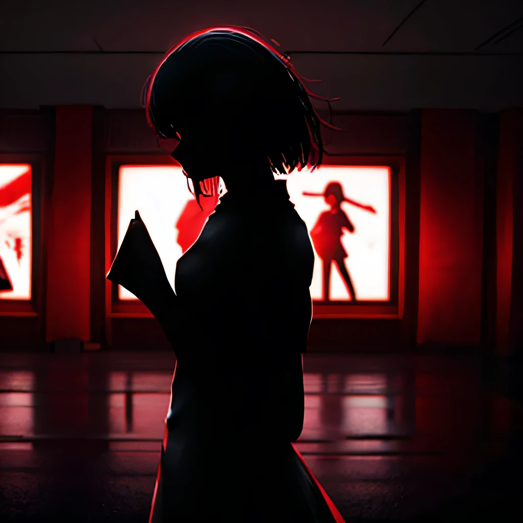 I want a large cinema screen where there's a person on the screen and in front of the screen: a masterpiece. A woman with red eyes stands in front of a window. Her beautiful eyes are visible on a large monitor screen in the background. A girl is in the center, her silhouette standing out. The red lighting highlights her red eyes and the blood. The room is detailed and dimly lit, with light coming from screens and monitor panels. The panels depict girls, and on these panels, many eyes are visible.
